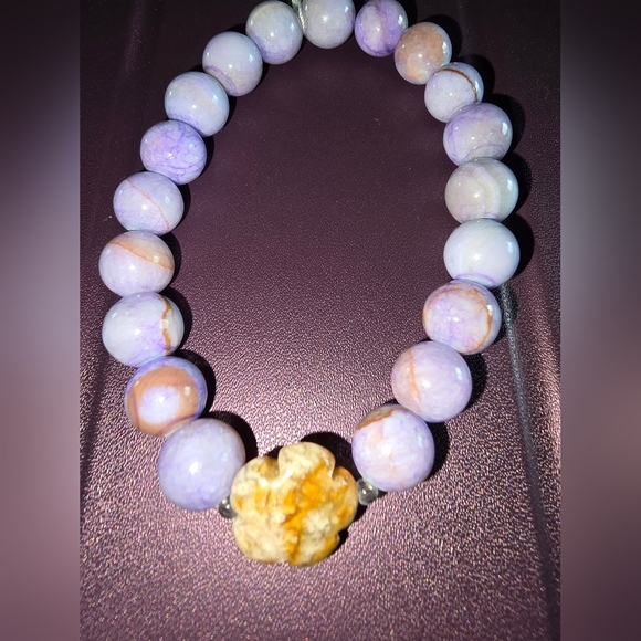 10mm Persian Gulf Chalcedony With Pink Ocean Agate Flower Bracelet - Picture 2 of 5